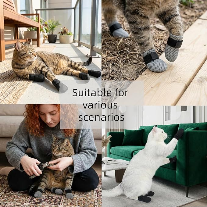8 Pcs Cat Mittens to Prevent Scratching, Adjustable Shoes for Cats Paw Covers Booties Socks Paws Anti Scratch Non-Slip Mesh Breathable for Pet Kitten Bathing Feeding Cutting Nail Trimming(Gray+Black)