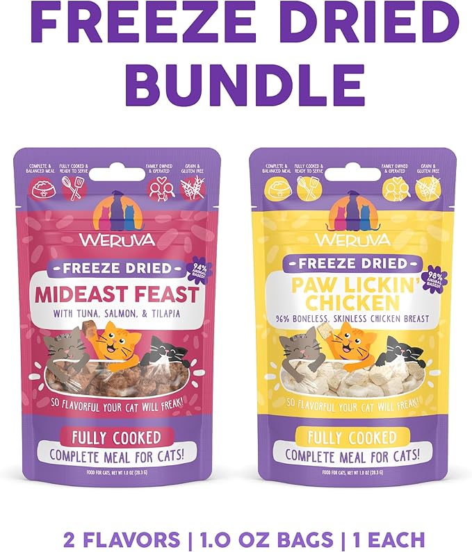 Bundle of Weruva Cat Freeze Dried Foods, Mideast Feast with Tilapia, and Paw Lickin' Chicken with Chicken Breast, 1oz Bags