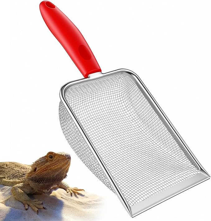 Stainless Steel Mesh Litter Shovel, Fine Mesh Metal Reptile Litter Cleaner Scooper, Black Non-Slip Handle Sifter for Lizard Substrate Reptile Terrarium Sand Waste, Red