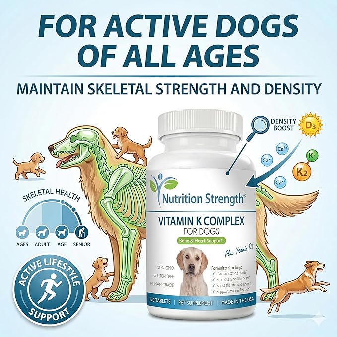 Vitamin K for Dogs - K1 & K2 (MK4 + MK7) + Vitamin D3 for Bone Health, Heart Support & Calcium Absorption - Advanced Formula for Strong Joints, Muscle & Immune Support - 120 Tablets