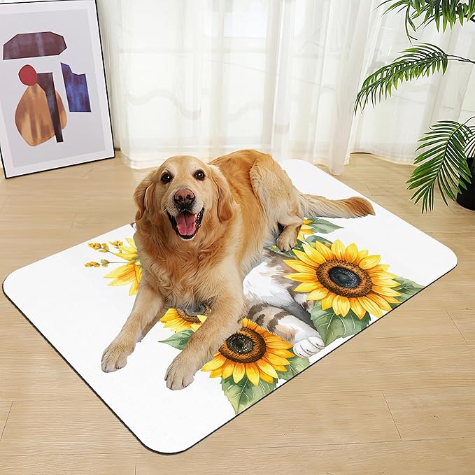 Cute Cat Sunflower Pet Feeding Mat for Floors–Christmas Stocking Absorbent Quick Dry Dog Cat Bowl Mat for Food and Water, Non Slip Waterproof Base, Mess-Free Feeding Accessories 16"x24"