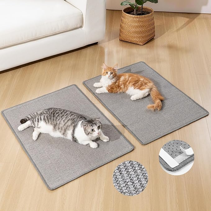 Cat Scratcher Mat,Natural Sisal Cat Scratch Pad with Hook&Loop Tape,Horizontal Floor Kitty Scratching Pads Rug for Indoor, Furniture Protector for Couch&Carpets&Sofas, Large, Grey, 2 Pack