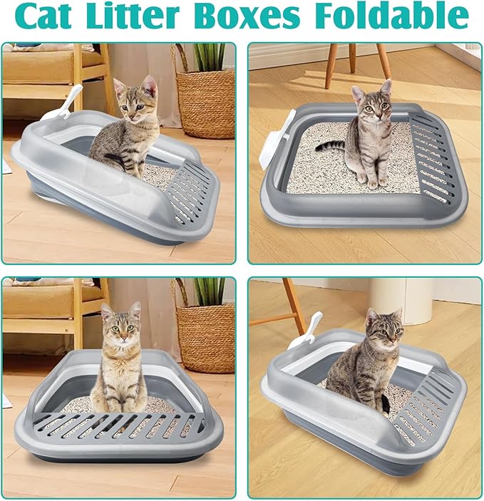 VCEPJH Collapsible Litterbox with High Sides Small Cats Litter Pan with Scoop Open Cat Litter Box Portable Travel Kittens Toilet Kitten Starter Kit for Kittens Adult and Elderly Cats (Grey)