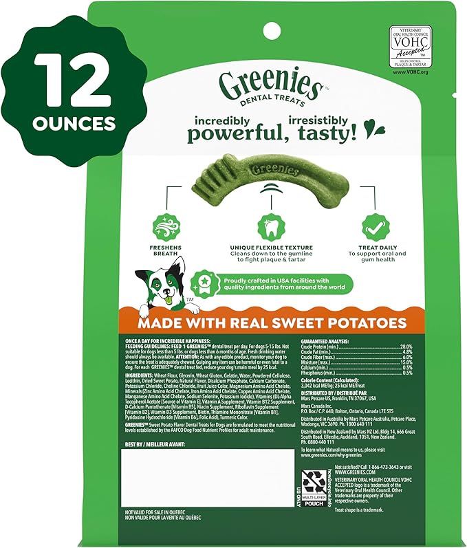 Greenies Dog Treats Veterinarian-Recommended Natural Dental Treats for Dogs, Teenie Size, Sweet Potato Flavor, 12 oz. Pack, 43 Count