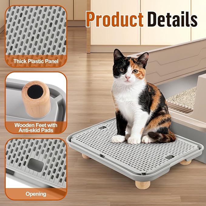 Litter Box Step, Cat Ramp/Step/Catcher with Wooden Base, Filter Function, Easy to Clean, Filter Pedal Ideal for Kitten & Elderly Cats (Light Grey)