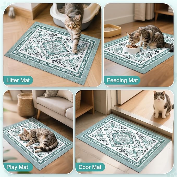 Unicorn Catcher Cat Litter Mat 33" x 22" Non-Slip Litter Box Mat Washable Litter Catcher Mat for Litter Box Indoor Food Mat Supplies Essentials, Dark Cyan