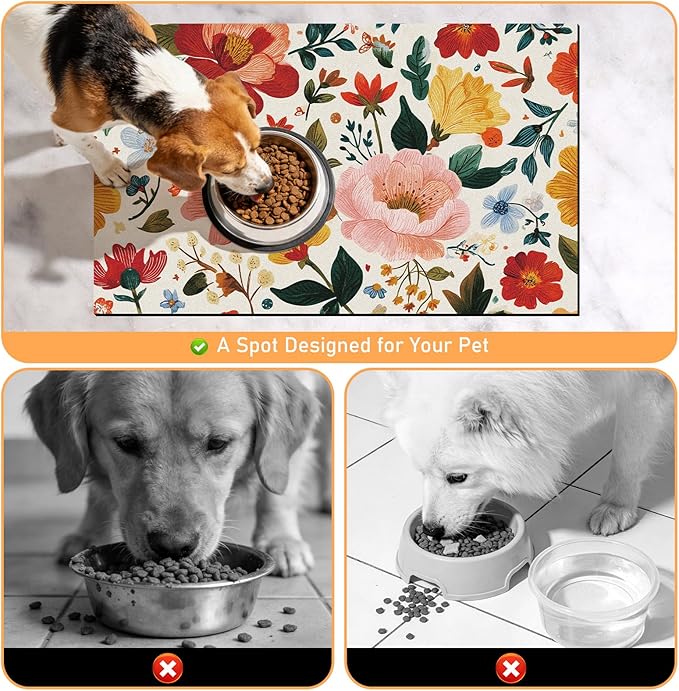 Pet Dog Cat Food Mat - Hamdwerk Absorbent Dog Bowl Mats for Food and Water, Anti Slip Cat Bowl Feeding Placemat for Floors, Quick Dry Diatomite Pet Dish Matts Supplies, Floral Style, 12 * 20in