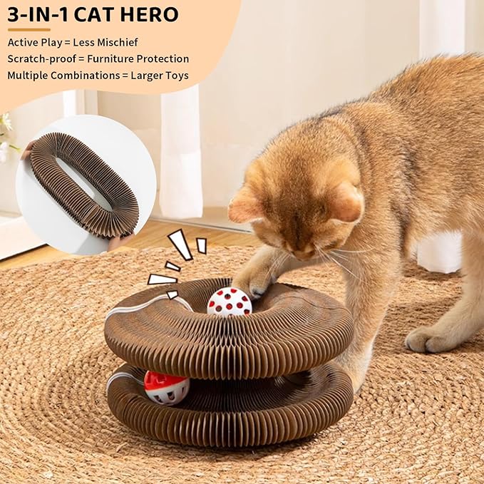 2 Pack Cat Scratcher Toys with Balls Bells, Magic Organ Foldable Cat Scratching Board for Kitten, Interactive Toys for Indoor Outdoor Exercise Anxiety Relief, Auburn