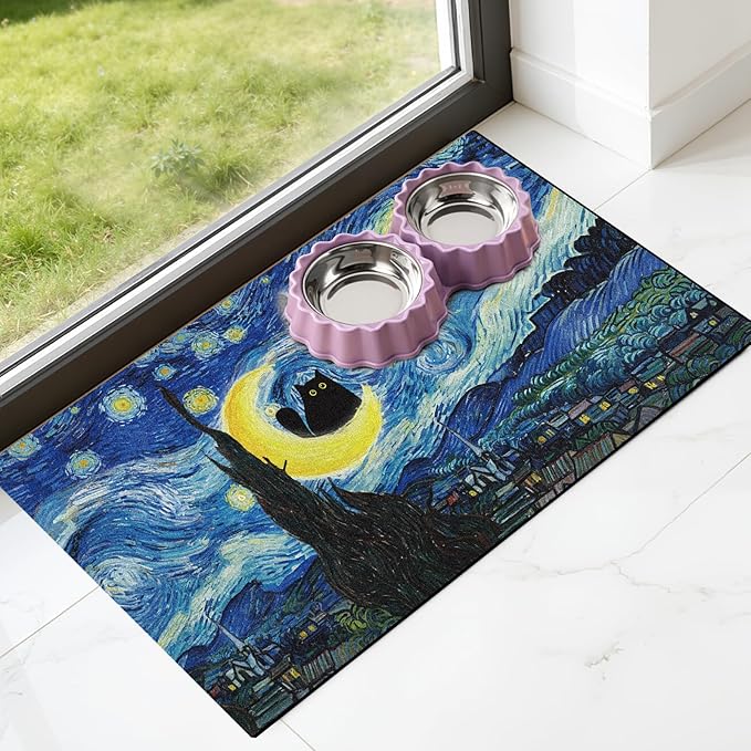 Dog Food Feeding Mat - Absorbent Diatomite Pet Dog Cat Bowl Mats for Food and Water, Anti Slip Dog Bowl Placemat for Floors, Quick Dry Pet Dish Matts Supplies, Black Cat Style, 17 * 30in