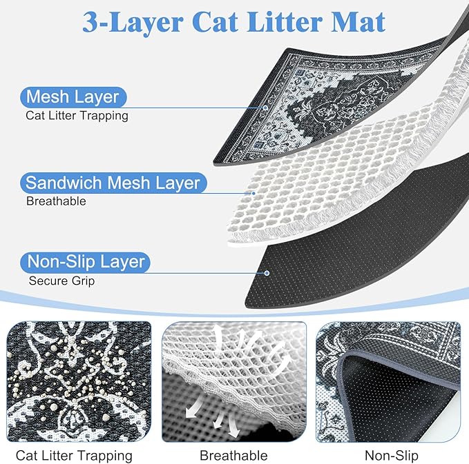 Unicorn Catcher 33X22in Cat Litter Mat Machine Washable Soft 3D Air Mesh Litter Box Rug Non-Slip Backing Quick Dry Scatter Control for Paws,Black