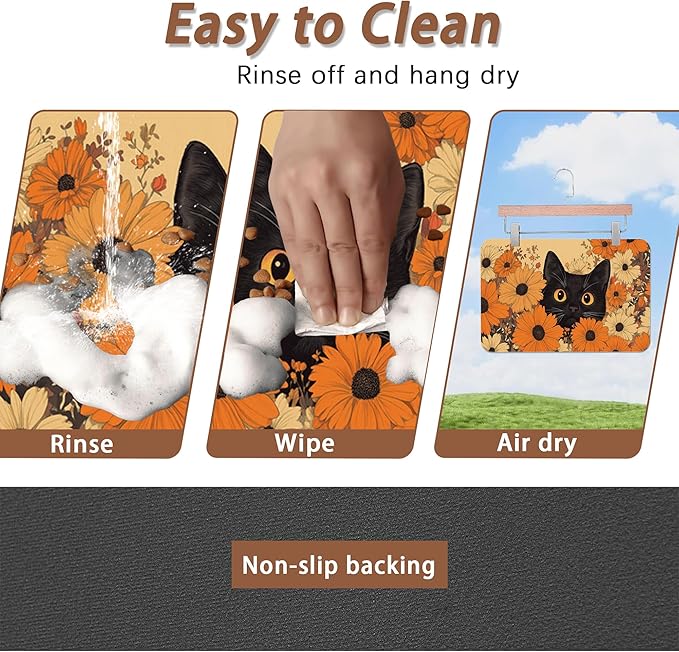 Black Cat Dog Food Mat for Floors,Fall Flower Daisy Absorbent Pet Food and Water Bowl Mats,Non-Slip Pet Feeding Mat,Pet Supplies 12" x 20"