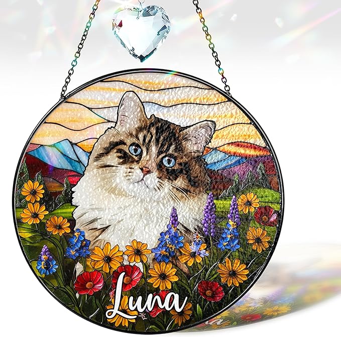 Personalized Pet Portrait Stained Glass Window Hanging, Sympathy Decoration Suncatcher for Loss of Dog & Cat Bereavement Gift from Photo, Memorial Keepsake for Dog Lover, Cat Mom Gift for Women