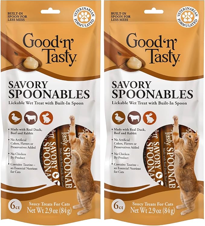Good ‘n’ Tasty Savory Spoonables with Real Duck, Beef & Rabbit, 6 Count Tube, Triple Flavor Squeezable Lickable Wet Treats for Cats with Built-in Spoon for Less Mess (Pack of 2)