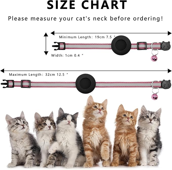 Cat Collar with Air Tag Holder, Reflective Kitten Collar with Bell, Breakaway Airtag Cat Collar for Boys Girls Cats, GPS Tracker for Cats 0.4’’ Width Adjustable Safe Kitty Collar, Pink
