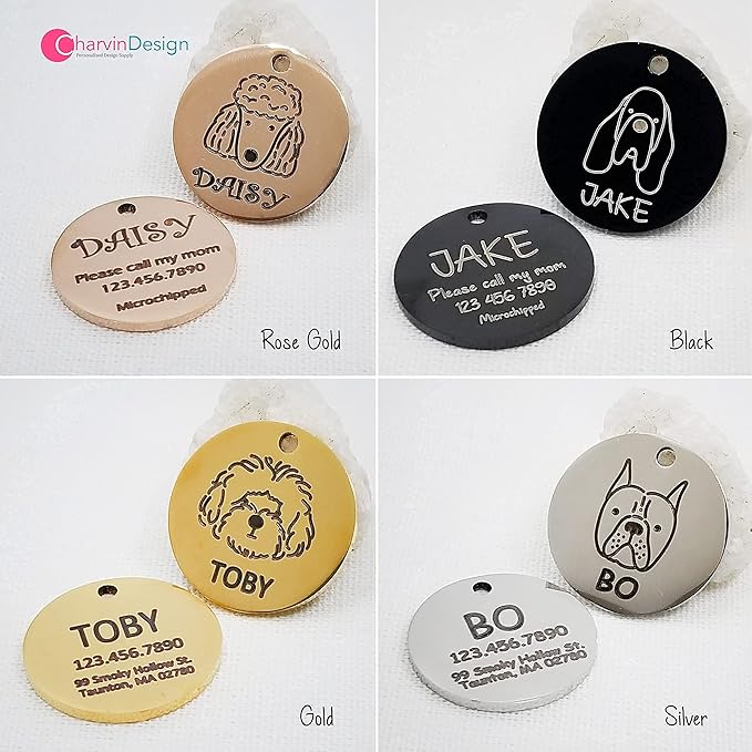Engraving Pet ID Tags, Personalized Pet ID Tags, Stainless Steel Pet ID Tags, Custom Engraved Dog and Cat Tags, Double Sided Round Tags - Made in USA
