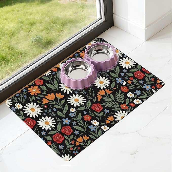 Dog Cat Food Mat - Absorbent Quick Dry Dog Bowl Mats for Food and Water, Anti Slip Cat Feeding Placemat for Floors, Diatomite Pet Dish Matts Accessories Supplies, Floral Style, 16 * 24n