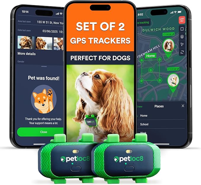 Set of 2 Dog GPS Trackers - Real-Time Location Tracking Device with App - Smart Alerts & Geo-Fence - Collar-Compatible, Waterproof - Long-life Battery - iOS & Android - (Subscription Required)
