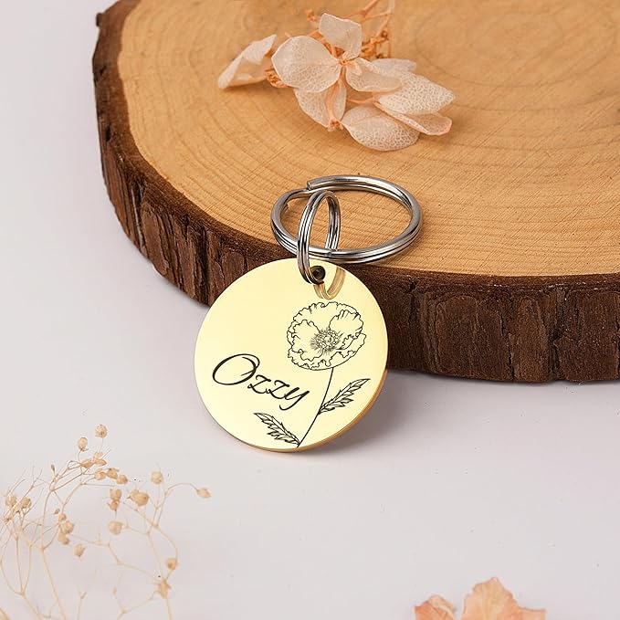 Anavia Floral Pet ID Tags, Birth Month Flowers Theme Dog Tag Round Bone Shape Cat Name Tag, Glossy Stainless Steel Gold Plated Dog Collar Tag (Round - Single Stem - Silver, Large)