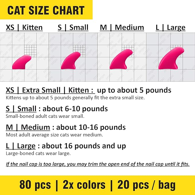 zetpo 80 pcs Cat Claw Covers | Cat Nail Caps | with Adhesives and Applicators (S, Black, White)