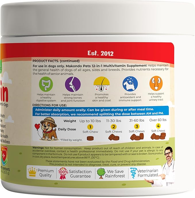 Multivitamin for Dogs 12 in 1 Soft Chews (120) – Dog multivitamin with probiotics + Digestive enzymes, Skin & Coat Support, Immune Defense & Gut Health, Cranberry Urinary Support