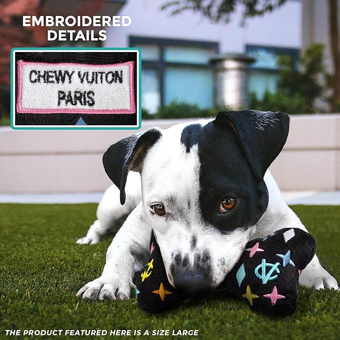 Haute Diggity Dog Black Monogram Chewy Vuiton Bone, Plush Designer Dog Toys with Interactive Squeaker, Stimulating Pet Enrichment, Machine-Washable & Safe Materials for All Breeds, Size Small