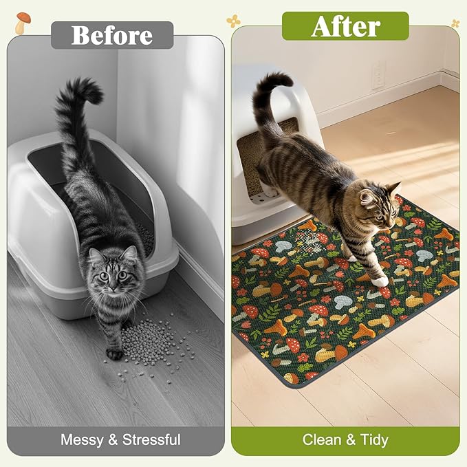 Unicorn Catcher 24X15in 2packCat Litter Mat Machine Washable Soft 3D Air Mesh Litter Box Rug Non-Slip Backing Quick Dry Scatter Control for Paws,Green Mushrooms