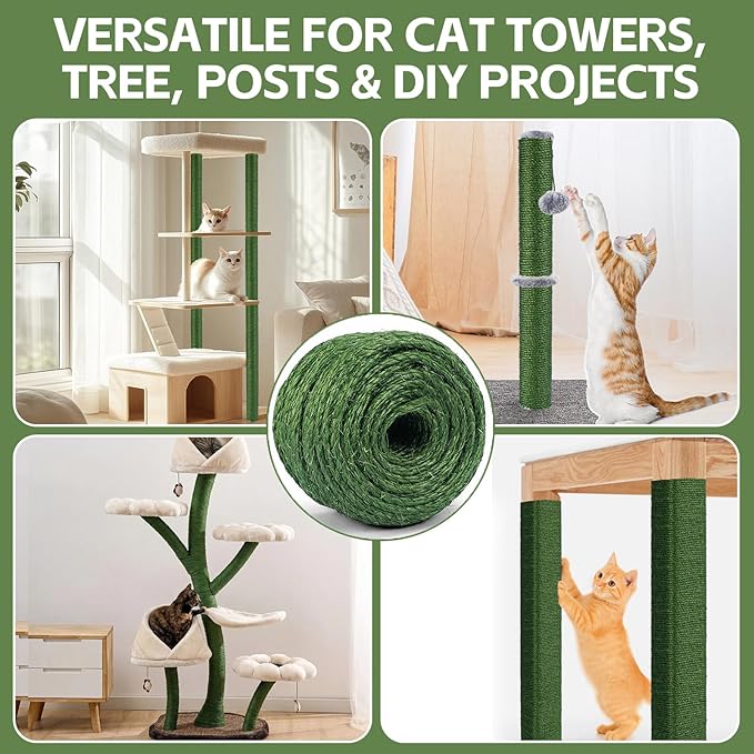 Green Natural Sisal Rope for Cat Scratcher Tree Thick 5-mm 1/5 Inch by 100 Feet, Cat Tower Climbing Twine for Cat Scratching Post Replacement, Scratch Post Repairing, Replace, Recovering and DIY