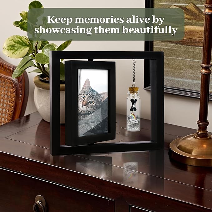 Pet Memorial Gifts Rotating 4x6 Picture Frame Wooden Black Dog Cat Remembrance Keepsake Pet Fur Jar Rainbow Bridge No Longer By My Side Heart Tag Pet In Loving Sympathy Keychain Loss Gift PR-6B
