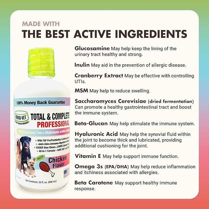 Liquid Vet Total & Complete Support for Dogs – Joint, Allergy, Digestive & Immune Health – 10 Active Ingredients in 1 Including Omega-3s, Prebiotics, Glucosamine, Cranberry - Made for Picky Eaters