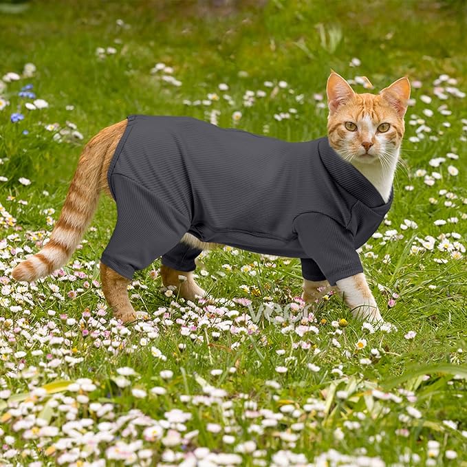 Sticky Hair Cat Clothes, Breathable & Lightweight, Reduces Shedding Fur Pajamas, Full Body Long Sleeve Surgical Bodysuit, Stop Licking & Shedding Darkgrey 2XL