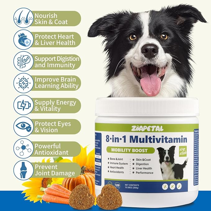 Dog Multivitamin Soft Chews – Glucosamine, Chondroitin, Probiotics & Omega-3 for Joint, Skin & Coat, Heart, Digestive & Immune Support – Chicken Flavor, 120 Soft Chews, ZOAPETAL