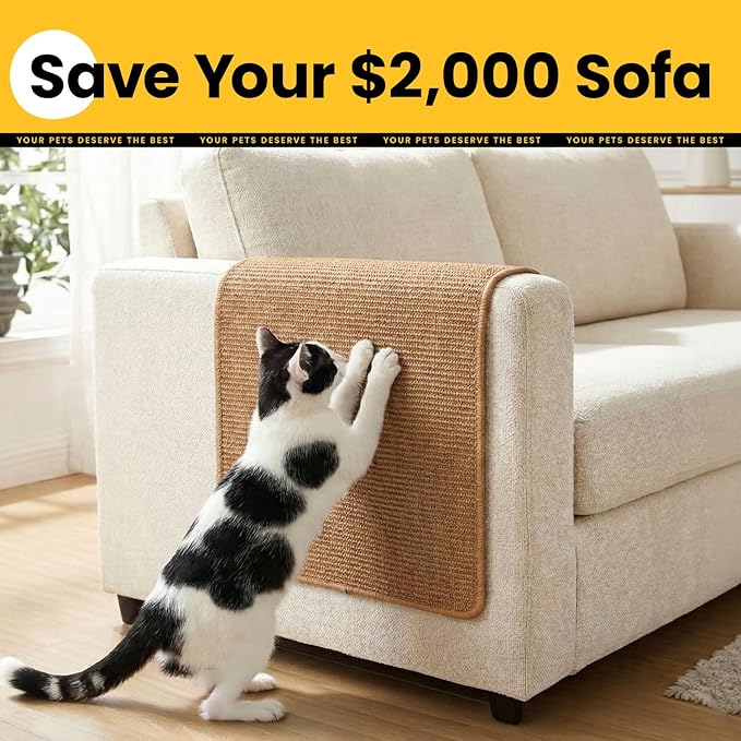 Conlun Cat Scratcher Mat,Sisal Cat Scratch Pad with Hook&Loop Tape,Wall Floor Kitten Scratching Pads Rug for Indoor,Furniture Protector for Couch&Carpets&Sofas,Kitty Bithday Gifts,Medium,Brown,2 Pack