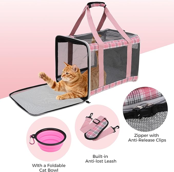 Soft Sided Cat Carrier for Large Cats Up to 20 Lbs, Collapsible Cat Bag Airline Approved with Upgrade Zipper Closures,17 * 12 * 12in Pet Travel Carrier for Small Dogs Puppy or 2 Kittens, Pink