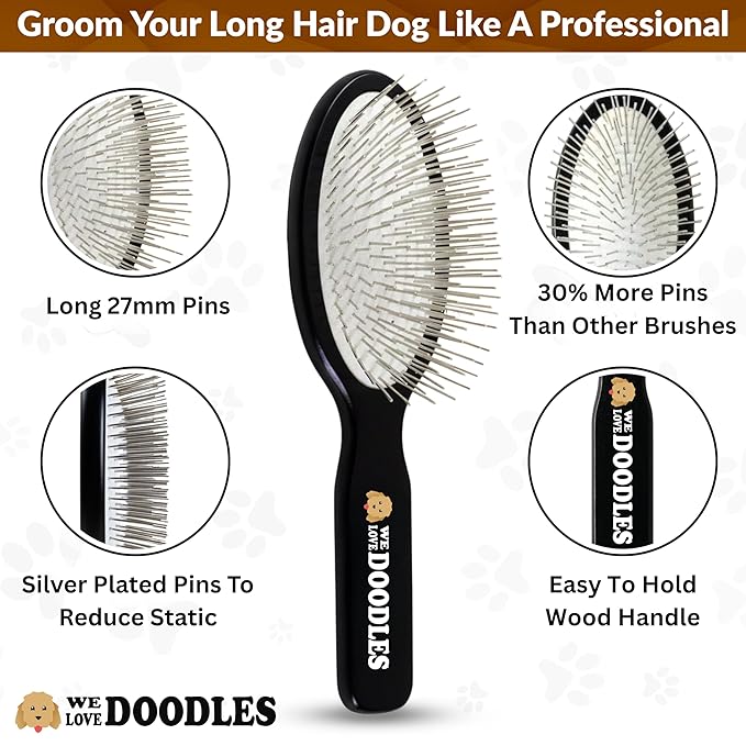 Pin Brush for Dogs, Pet Grooming Detangler Pin Dog Brush, Dog Brush for Shedding and Removing Loose Fur, Lightweight Beech Wood with Silver Plated Pins for Dogs with Long Hair [We Love Doodles]