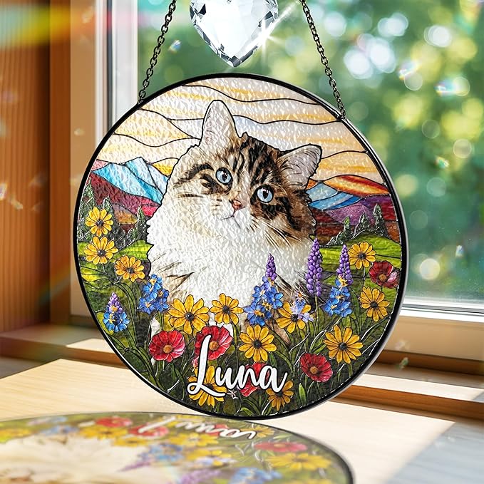 Personalized Pet Portrait Stained Glass Window Hanging, Sympathy Decoration Suncatcher for Loss of Dog & Cat Bereavement Gift from Photo, Memorial Keepsake for Dog Lover, Cat Mom Gift for Women