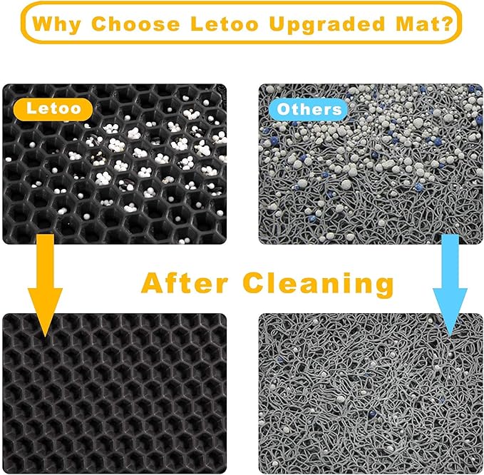 LeToo Cat Litter Mat Black Trapping for Litter Box, No Slip Large, Urine Waterproof, Honeycomb Double Layer Anti Tracking Kitty Mats, No Phthalate, Washable Easy Clean (24" x 15", Black)