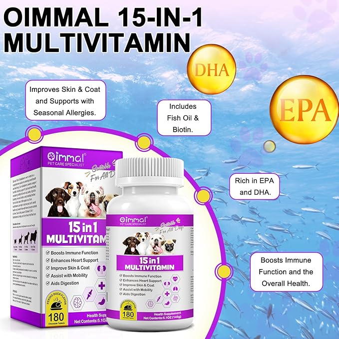 Dog Multivitamin Treats - 15 in 1 Multivitamin Tablets for Dogs with Glucosamine, Cranberry, Milk Thistle, Vitamins Supports Joint & Digestion, Skin & Coat - Peking Duck Flavor / 180 Chewable Tablets