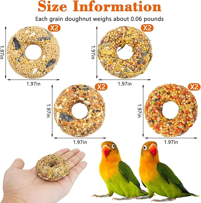Fhiny 8 PCS Parakeet Treats, Donut Shaped Natural Grain Cockatiel Food with Fruits Vegetables Flowers and Herbs Bird Chew Toys for Parrot Conure Lovebird Training Rewards and Beak Grinding