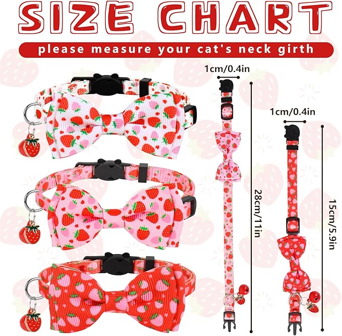 JarThenaAMCS 3Pcs Strawberry Cat Collar Pink Red Fruit Bowtie Collar with Breakaway Bell Cute Adjustable Kitten Collars for Summer Girl Boy Cat Small Pet