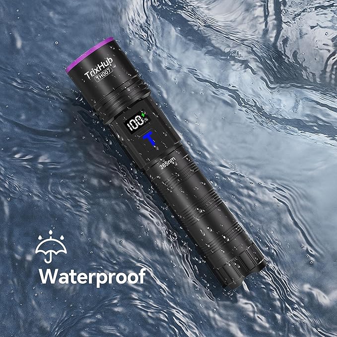 365nm Black Light Flashlight, UV Flashlight Rechargeable with LCD Display, Powerful Ultraviolet Lights for Pet Urine Detection, Resin Curing, Rockhounding, Scorpion, Uranium Glass, A/CLeak