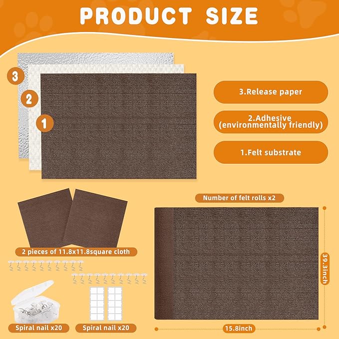 4pack Cat Scratch Couch Furniture and Wall Protector | Adhesive Cat Scratch Pad for Covering Cat Tower, DIY Climbing Cat Scratcher Couch Protector from Cat Claws Scratching (Brown)