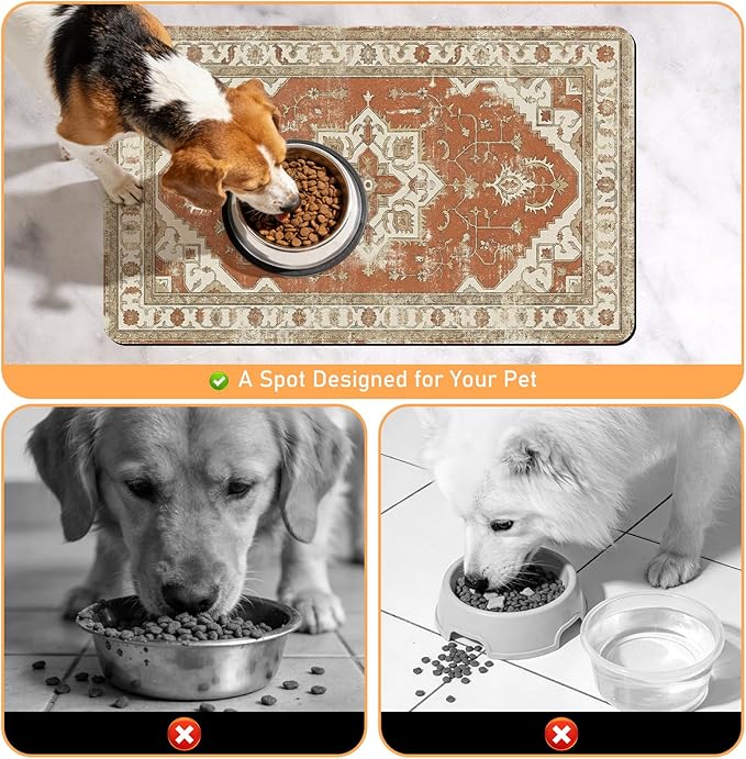 Dog Food Bowl Mat - Absorbent Quick Dry Dog Feeding Mats for Food and Water, Anti Slip Cat Bowl Placemat for Floors, Diatomite Pet Dish Matts Accessories Supplies, Bohemia Style, 12 * 20in