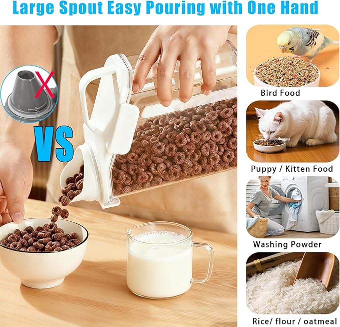 Cereal Containers Storage Small Food Storage Containers with Pour Spout, Measuring Cup for Rice Flour Sugar Dog Cat Dry Food Dispenser Plastic Kitchen Airtight Canister 1.8L BPA Free