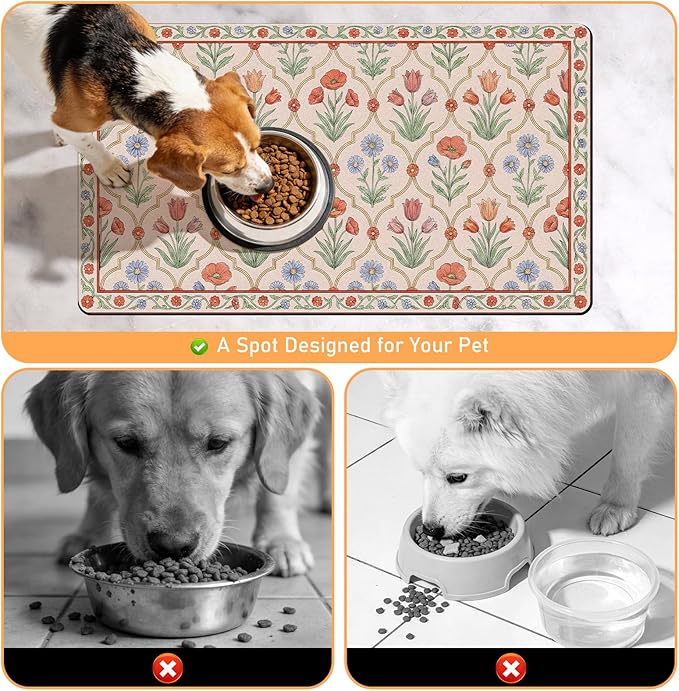 Dog Bowl Mat for Food and Water - Hamdwerk Absorbent Anti Slip Cat Feeding Mats for Floors, Quick Dry Pet Dog Feeding Matts, Diatomite Pet Dish Placemat Supplies, Vintage Floral Style, 17 * 30in