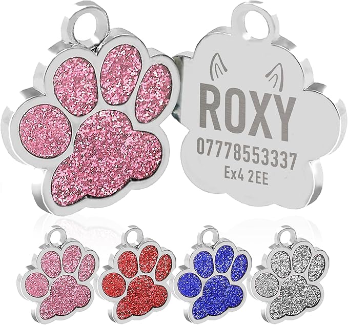 EDSG Cat Dog Tags Personalized for Pets, Dog Name Tags Cat Name ID Tag, Engraved Dog Tags Dog ID Tags Small Glitter Bling ID Tag Paw Print for Cat Pet Dog Puppy(Red,Design 3)