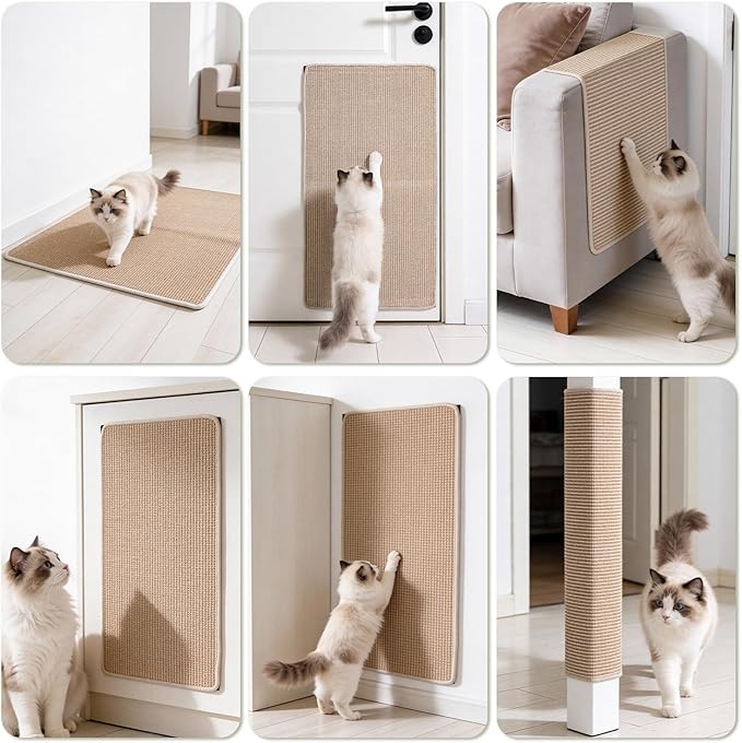 Cat Scratcher Mat, 39.3"x 23.6" Natural Sisal Cat Scratch Mat with Velcro Tape, Scratching Rug Pad for Indoor Cats, Furniture Protector, Floor Carpet, Wall Pad, L, Beige