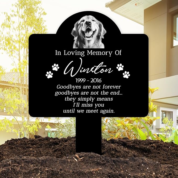 Dog Potrait Memorial Grave Markers Outdoor, Personalized Dog Waterproof Tombstones for Graves Outdoor, Sympathetic Metal Grave Marker Dog with Name, Date and Picture for Loss of Dog