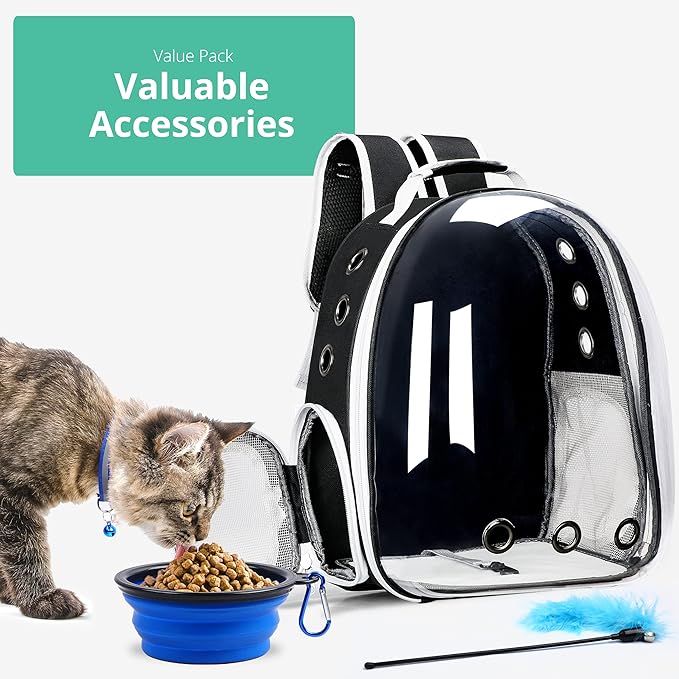 Cat Backpack Carrier with Collapsable Dog Bowl, Cat Collar & Interactive Cat Toy (4 Pcs Set)- Airline Approved Cat Carrier Bag for Medium Dogs & Cats, Animal Carrier Backpacks, Pet Backpack |Black