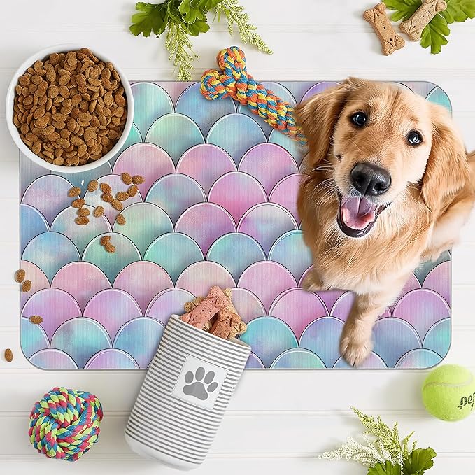 Pink Mermaid Scale Pet Feeding Mat,Absorbent Quick-Dry Cat Dog Food and Water Bowl Mats,Non-Slip Rubber Backing Mat,Cat Dog Accessories Supplies 12"x20"