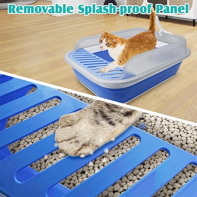 VCEPJH Collapsible Litterbox with High Sides Small Cats Litter Pan with Scoop Open Cat Litter Box Portable Travel Kittens Toilet Kitten Starter Kit for Kittens Adult Cat Elderly Cats (Blue)